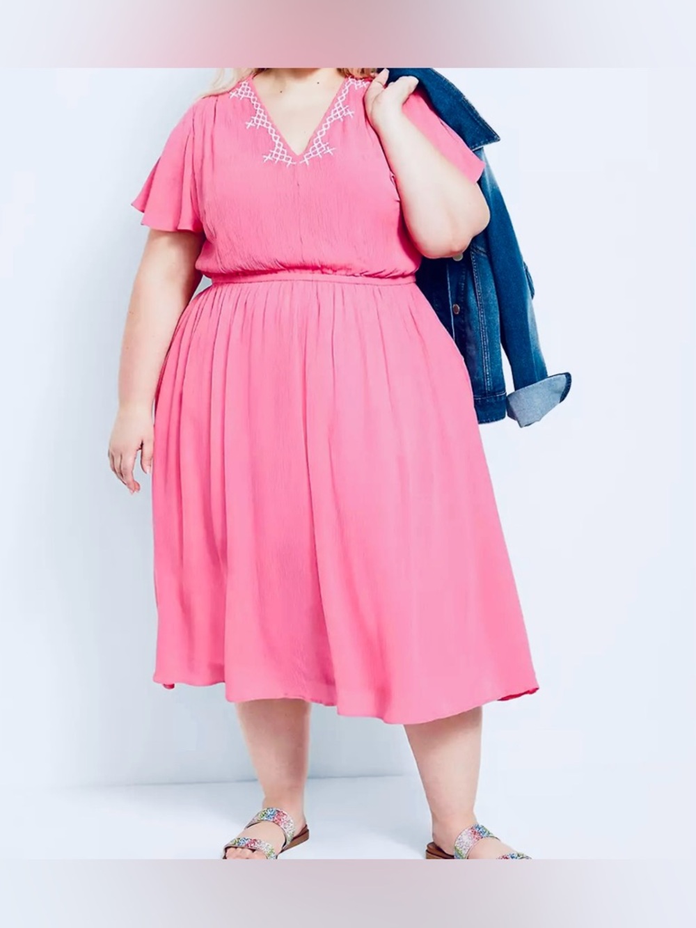 Lane Bryant Pink Flutter-Sleeve V-Neck Embroidered Midi Dress Size 16